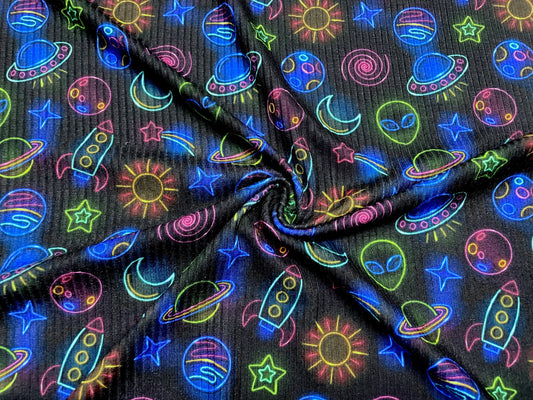 Neon Alien Space DBP 4x2 Rib Knit Print #81 Double Brushed Polyester Spandex Stretch 190GSM Apparel Fabric 58"-60" Wide By The Yard