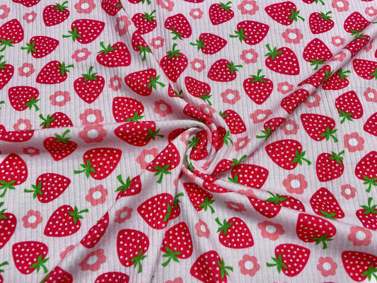 Strawberry Floral DBP 4x2 Rib Knit Print #84 Double Brushed Polyester Spandex Stretch 190GSM Apparel Fabric 58"-60" Wide By The Yard