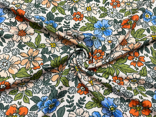 Retro Floral DBP 4x2 Rib Knit Print #87 Double Brushed Polyester Spandex Stretch 190GSM Apparel Fabric 58"-60" Wide By The Yard