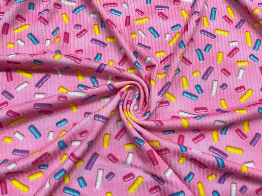 Pink Sprinkles DBP 4x2 Rib Knit Print #92 Double Brushed Polyester Spandex Stretch 190GSM Apparel Fabric 58"-60" Wide By The Yard