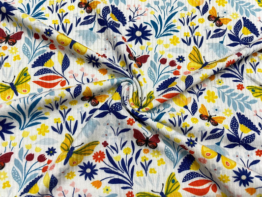 Butterfly Floral DBP 4x2 Rib Knit Print #97 Double Brushed Polyester Spandex Stretch 190GSM Apparel Fabric 58"-60" Wide By The Yard