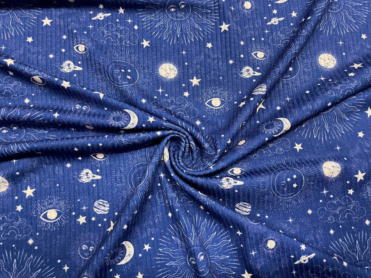 Astrology Constellations DBP 4x2 Rib Knit Print #99 Double Brushed Polyester Spandex Stretch 190GSM Apparel Fabric 58"-60" Wide By The Yard