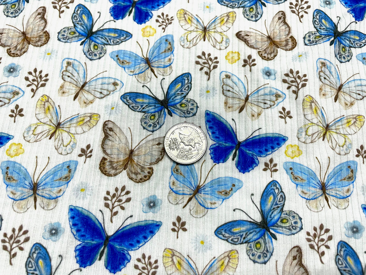 Butterfly Blues DBP 4x2 Rib Knit Print #101 Double Brushed Polyester Spandex Stretch 190GSM Apparel Fabric 58"-60" Wide By The Yard