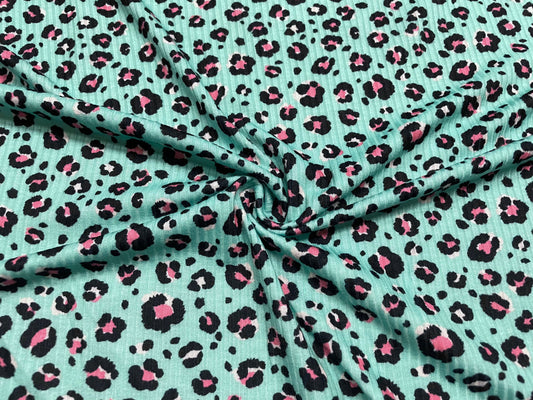 Mint Leopard Animal DBP 4x2 Rib Knit Print #103 Double Brushed Polyester Spandex Stretch 190GSM Apparel Fabric 58"-60" Wide By The Yard