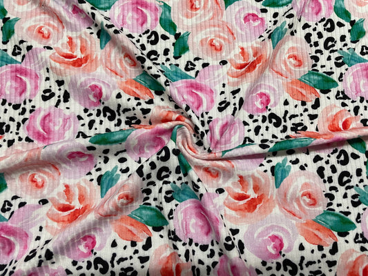 Leopard Floral Rose DBP 4x2 Rib Knit Print #106 Double Brushed Polyester Spandex Stretch 190GSM Apparel Fabric 58"-60" Wide By The Yard