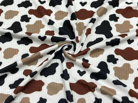Cow Spot Brown Tan Black DBP 4x2 Rib Knit Print #111 Double Brushed Polyester Spandex Stretch 190GSM Apparel Fabric 58"-60" Wide By The Yard