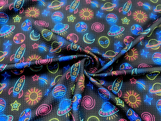 Neon Space Alien Bullet Print #532 Ribbed Scuba Techno Double Knit 2-Way Stretch Poly Spandex Apparel Craft Fabric 58"-60" Wide BTY