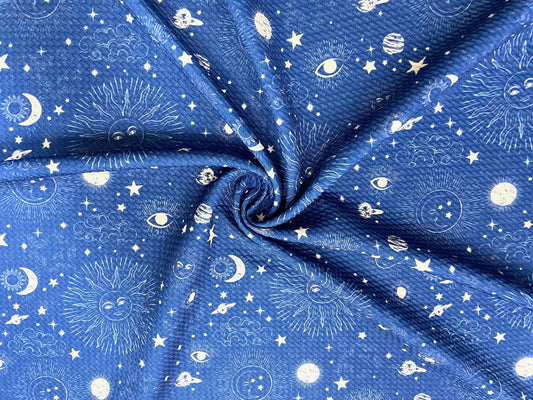 Constellations Sun Moon Bullet Print #533 Ribbed Scuba Techno Double Knit 2-Way Stretch Poly Spandex Apparel Craft Fabric 58"-60" Wide BTY