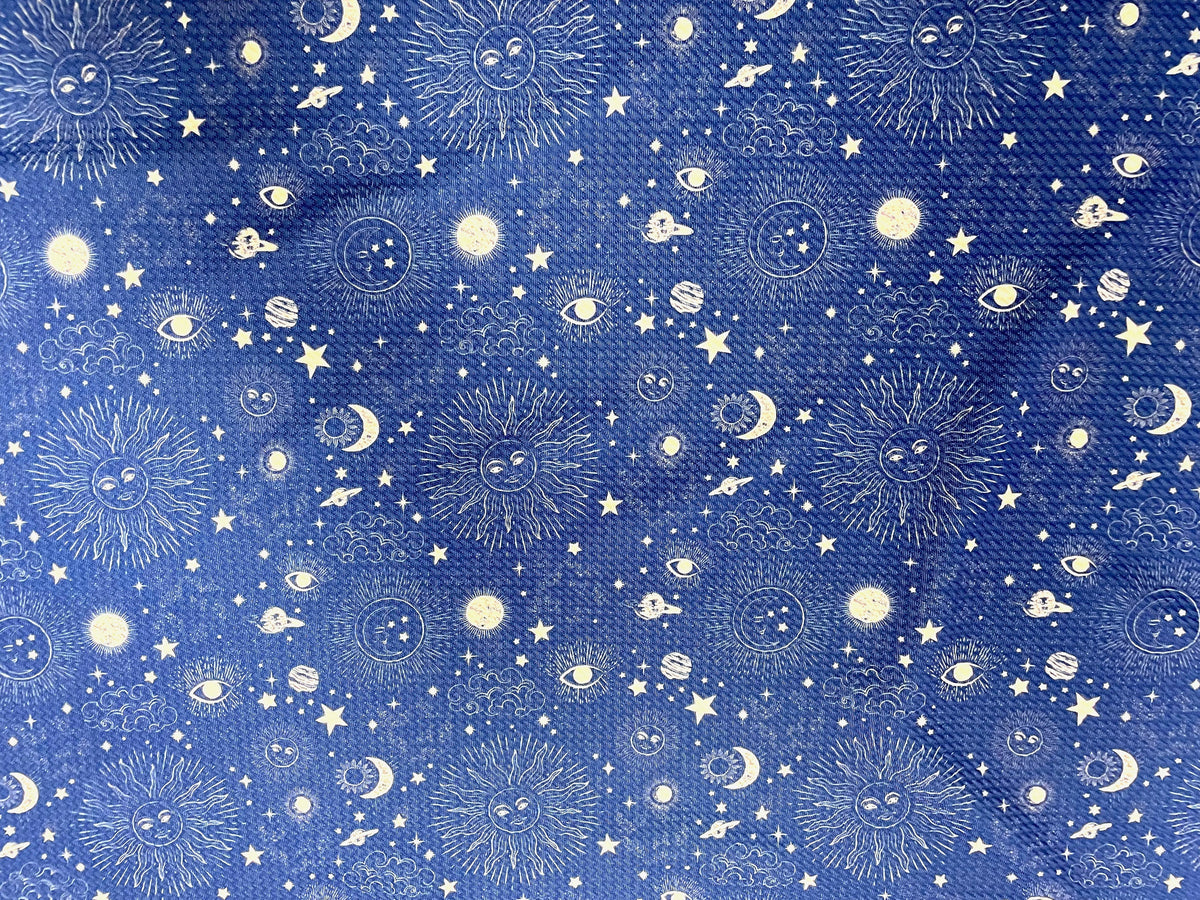 Constellations Sun Moon Bullet Print #533 Ribbed Scuba Techno Double Knit 2-Way Stretch Poly Spandex Apparel Craft Fabric 58"-60" Wide BTY