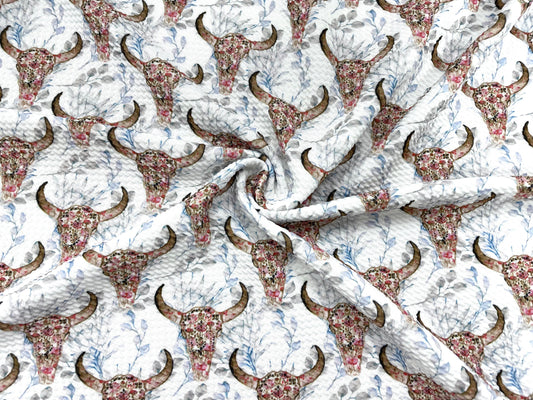 Boho Cow Skull Bullet Print #540 Ribbed Scuba Techno Double Knit 2-Way Stretch Poly Spandex Apparel Craft Fabric 58"-60" Wide BTY