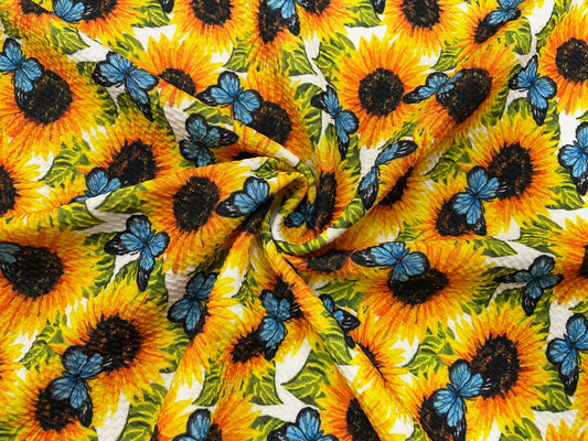 Sunflower Butterfly Bullet Print #553 Ribbed Scuba Techno Double Knit 2-Way Stretch Poly Spandex Apparel Craft Fabric 58"-60" Wide BTY