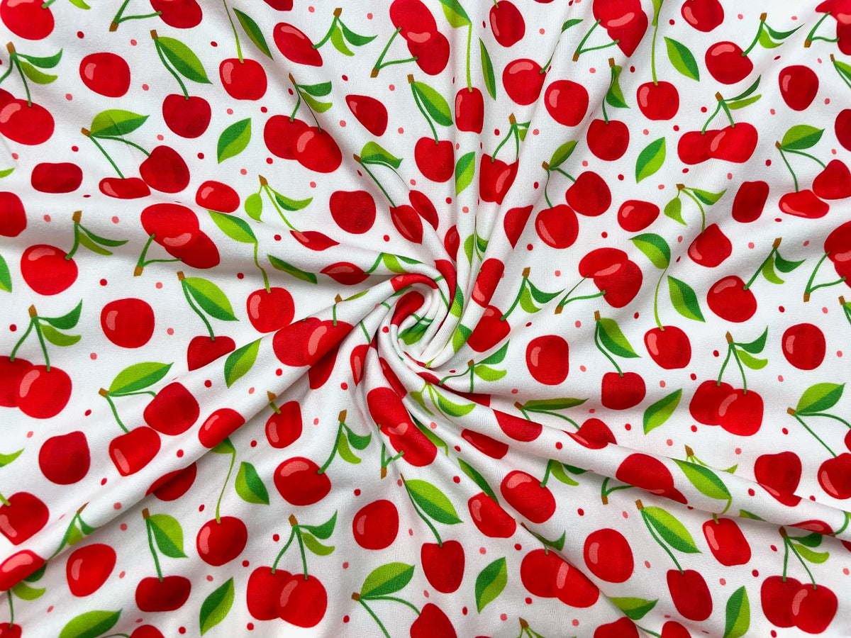 Cherries DBP Print #481 Double Brushed Polyester Spandex Apparel Stretch Fabric 190 GSM 58"-60" Wide By The Yard