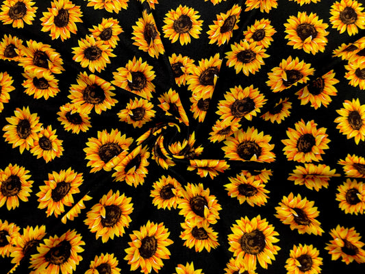 Sunflower Black DBP Print #488 Double Brushed Polyester Spandex Apparel Stretch Fabric 190 GSM 58"-60" Wide By The Yard