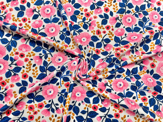 250 GSM DBP Retro Pink Floral Print #491 Double Brushed Polyester Spandex Apparel Stretch Fabric 58"-60" Wide By The Yard