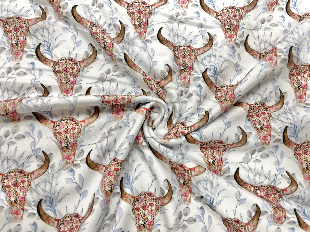 Boho Cow Skull DBP Print #492 Double Brushed Polyester Spandex Apparel Stretch Fabric 190 GSM 58"-60" Wide By The Yard