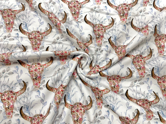 Boho Cow Skull DBP Print #492 Double Brushed Polyester Spandex Apparel Stretch Fabric 190 GSM 58"-60" Wide By The Yard