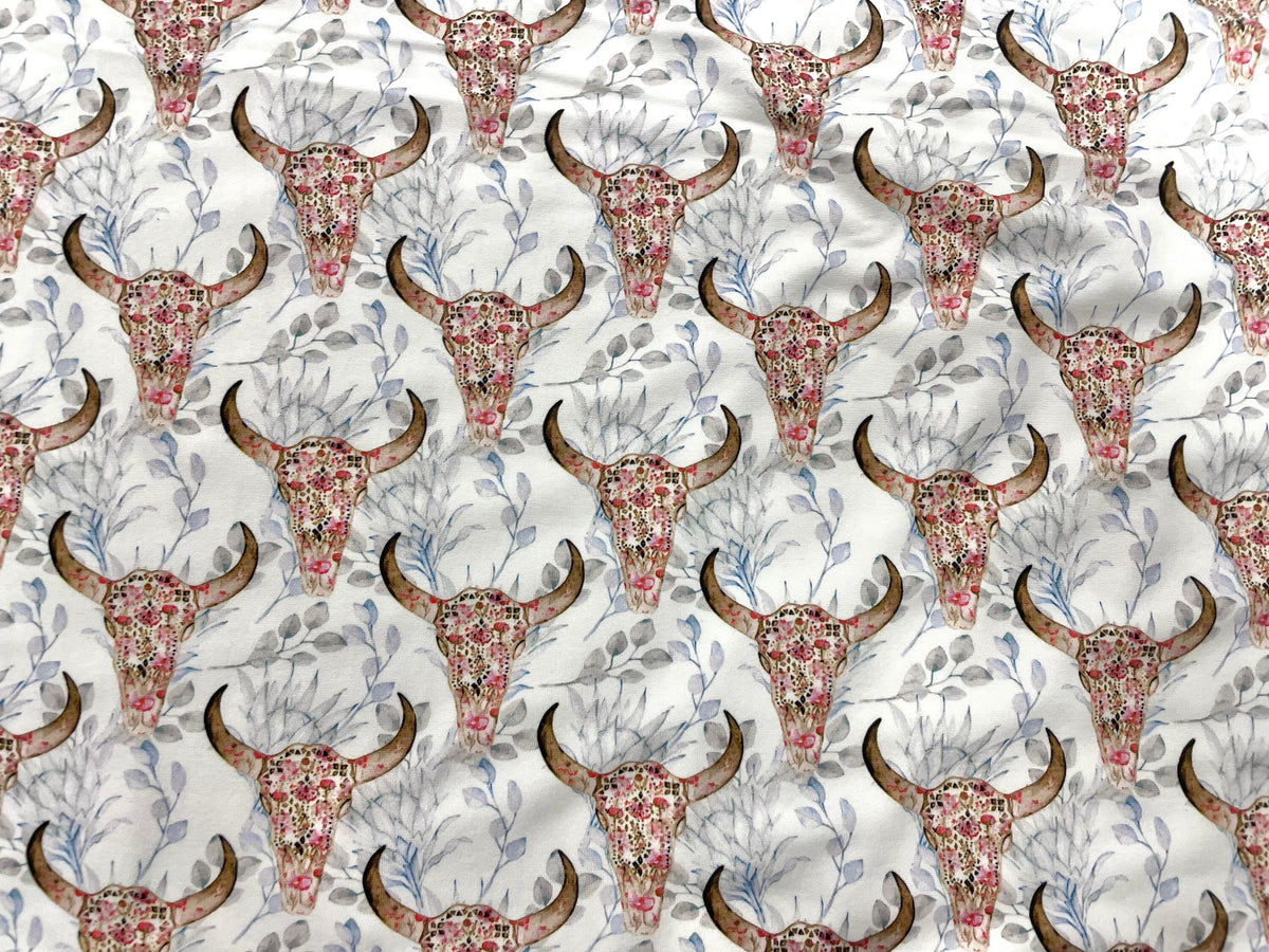 Boho Cow Skull DBP Print #492 Double Brushed Polyester Spandex Apparel Stretch Fabric 190 GSM 58"-60" Wide By The Yard