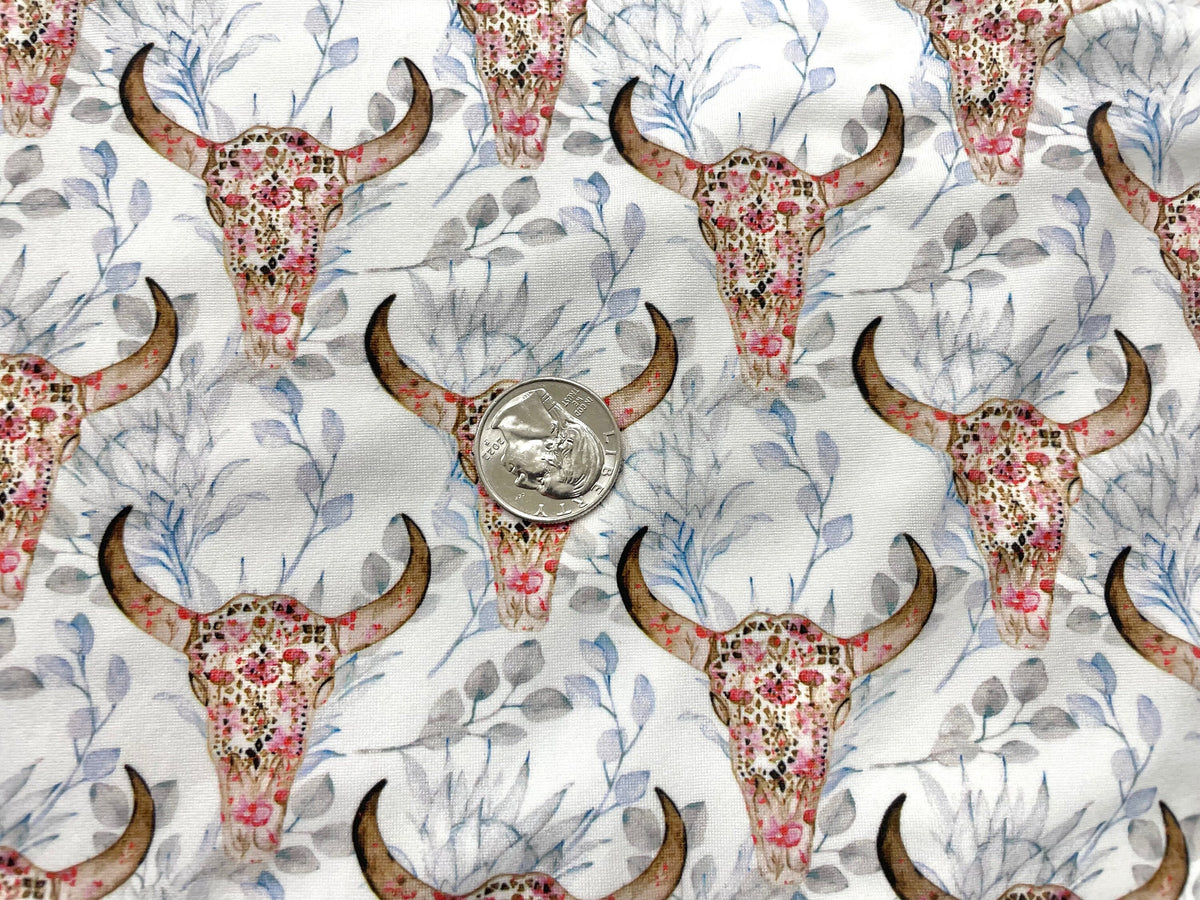 Boho Cow Skull DBP Print #492 Double Brushed Polyester Spandex Apparel Stretch Fabric 190 GSM 58"-60" Wide By The Yard