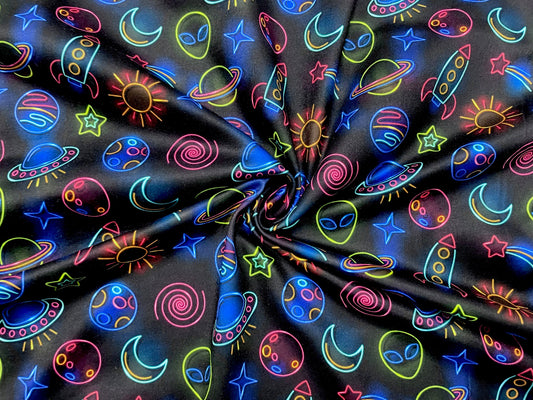 Neon Space Alien DBP Print #493 Double Brushed Polyester Spandex Apparel Stretch Fabric 190 GSM 58"-60" Wide By The Yard