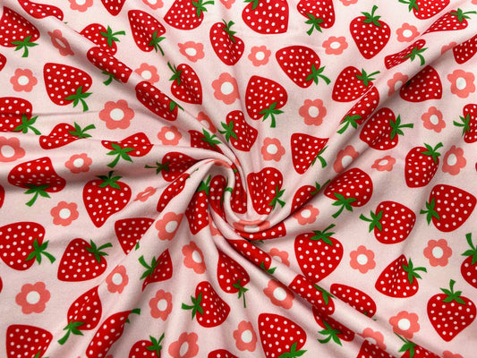 Strawberry Floral DBP Print #494 Double Brushed Polyester Spandex Apparel Stretch Fabric 190 GSM 58"-60" Wide By The Yard
