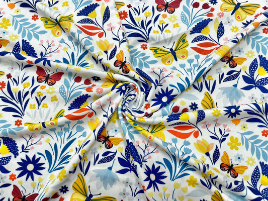 Butterfly Floral DBP Print #497 Double Brushed Polyester Spandex Apparel Stretch Fabric 190 GSM 58"-60" Wide By The Yard