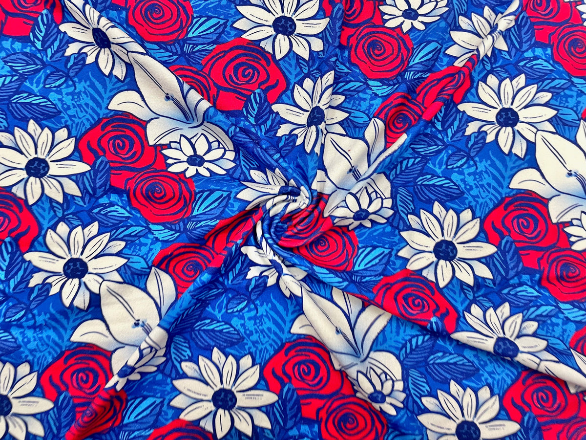 Floral Red White Blue DBP Print #499 Double Brushed Polyester Spandex Apparel Stretch Fabric 190 GSM 58"-60" Wide By The Yard
