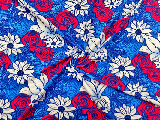 Floral Red White Blue DBP Print #499 Double Brushed Polyester Spandex Apparel Stretch Fabric 190 GSM 58"-60" Wide By The Yard