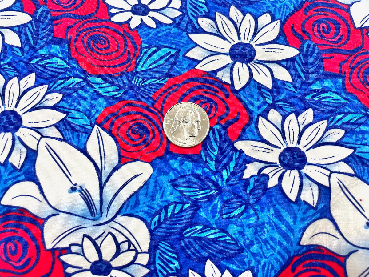 Floral Red White Blue DBP Print #499 Double Brushed Polyester Spandex Apparel Stretch Fabric 190 GSM 58"-60" Wide By The Yard