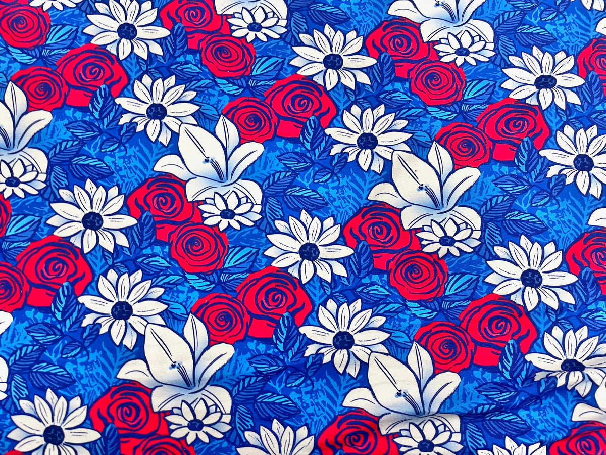 Floral Red White Blue DBP Print #499 Double Brushed Polyester Spandex Apparel Stretch Fabric 190 GSM 58"-60" Wide By The Yard