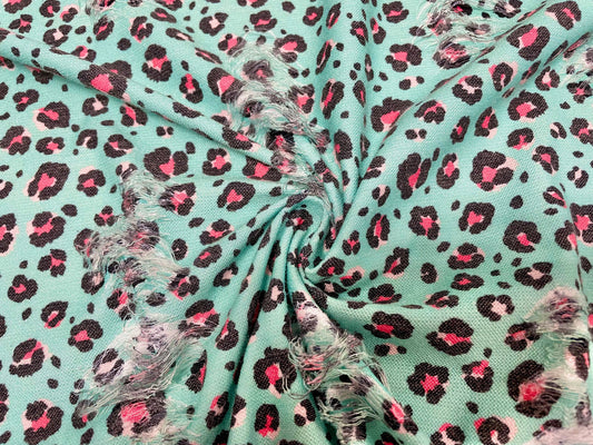 Mint Leopard Distressed Denim Print #1 Polyester Rayon Spandex Stretch Apparel Fabric 58"-60" Wide By The Yard