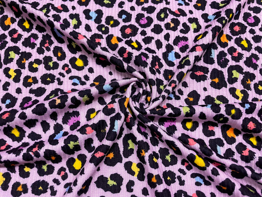 Leopard Pink Rainbow DBP 4x2 Rib Knit Print #74 Double Brushed Polyester Spandex Stretch 190GSM Apparel Fabric 58"-60" Wide By The Yard