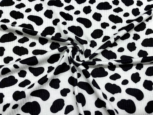 Cow Spot Black White DBP 4x2 Rib Knit Print #79 Double Brushed Polyester Spandex Stretch 190GSM Apparel Fabric 58"-60" Wide By The Yard