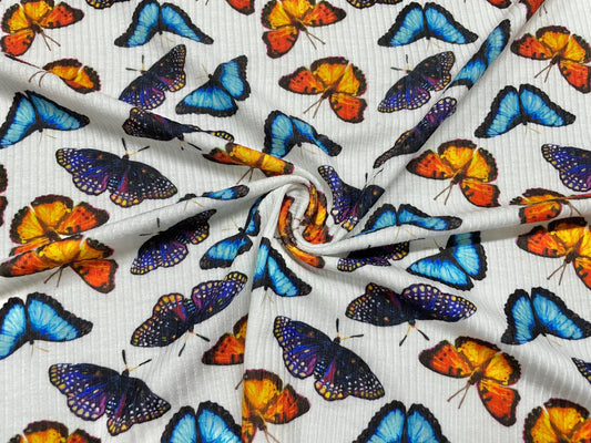Butterflies DBP 4x2 Rib Knit Print #82 Double Brushed Polyester Spandex Stretch 190GSM Apparel Fabric 58"-60" Wide By The Yard