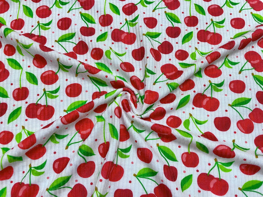 Cherries DBP 4x2 Rib Knit Print #83 Double Brushed Polyester Spandex Stretch 190GSM Apparel Fabric 58"-60" Wide By The Yard