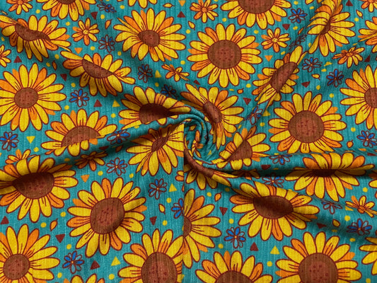 Hippie Sunflower DBP 4x2 Rib Knit Print #88 Double Brushed Polyester Spandex Stretch 190GSM Apparel Fabric 58"-60" Wide By The Yard