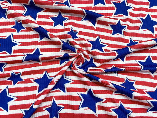 Stars and Stripes DBP 4x2 Rib Knit Print #91 Double Brushed Polyester Spandex Stretch 190GSM Apparel Fabric 58"-60" Wide By The Yard