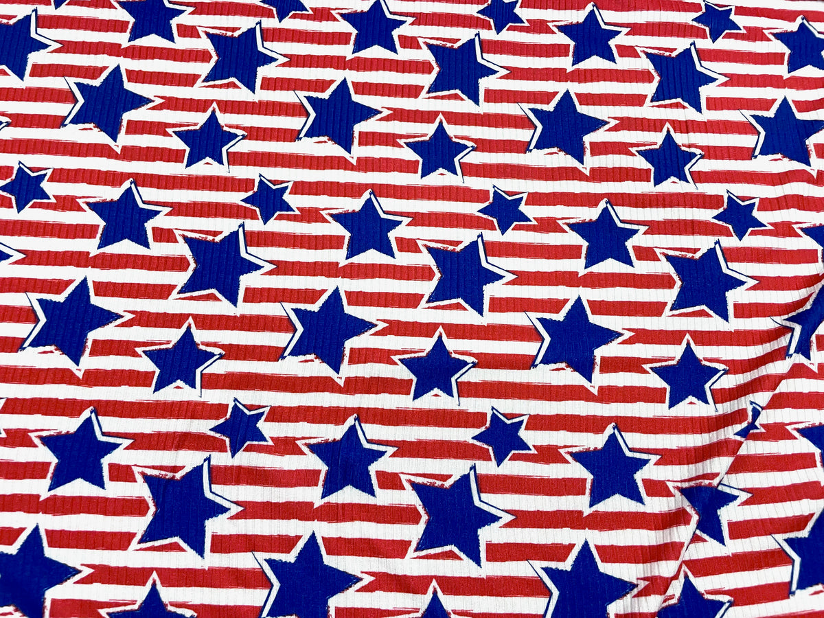 Stars and Stripes DBP 4x2 Rib Knit Print #91 Double Brushed Polyester Spandex Stretch 190GSM Apparel Fabric 58"-60" Wide By The Yard