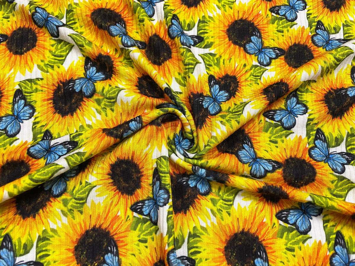 Sunflower Butterfly DBP 4x2 Rib Knit Print #93 Double Brushed Polyester Spandex Stretch 190GSM Apparel Fabric 58"-60" Wide By The Yard