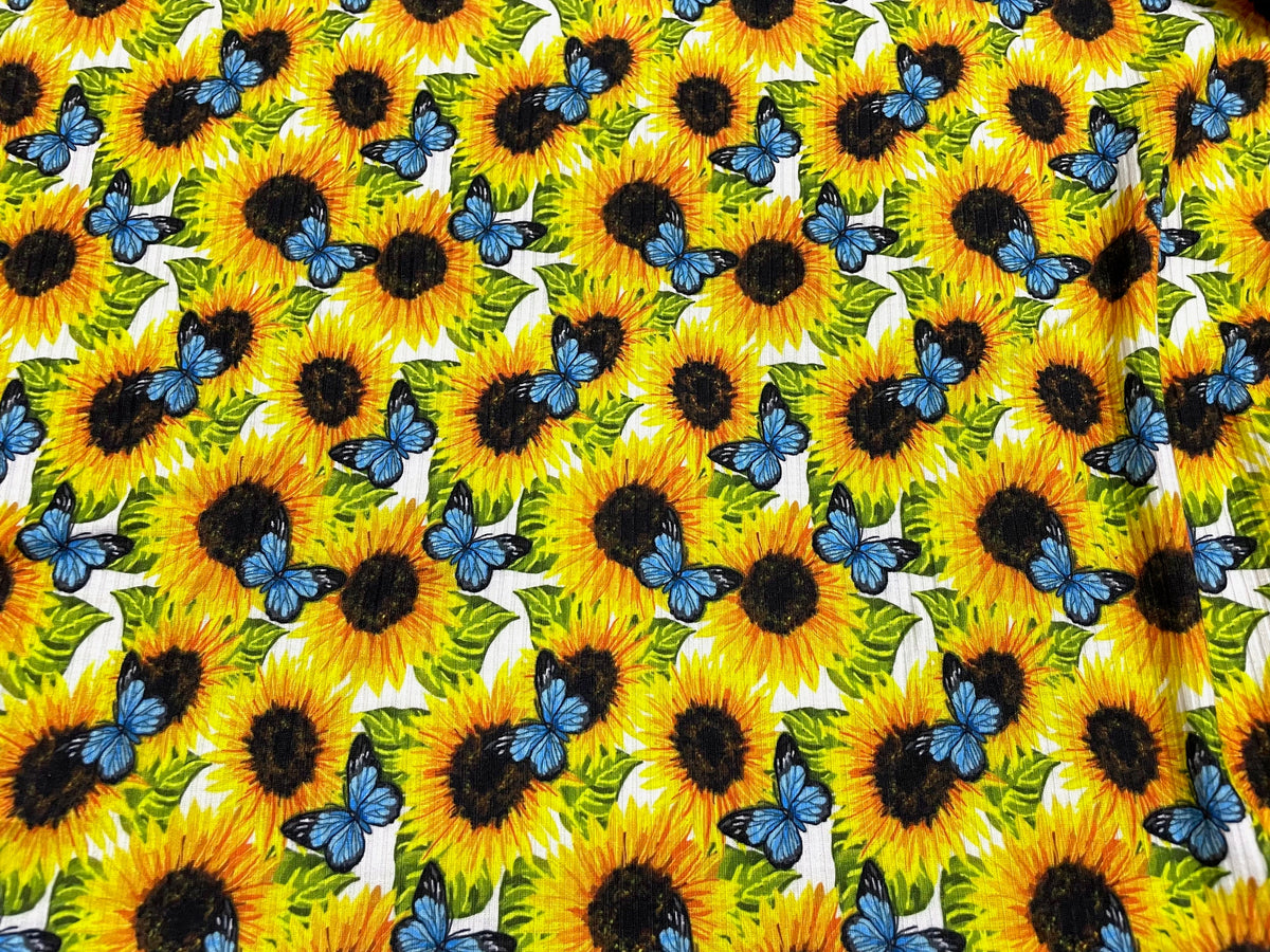 Sunflower Butterfly DBP 4x2 Rib Knit Print #93 Double Brushed Polyester Spandex Stretch 190GSM Apparel Fabric 58"-60" Wide By The Yard