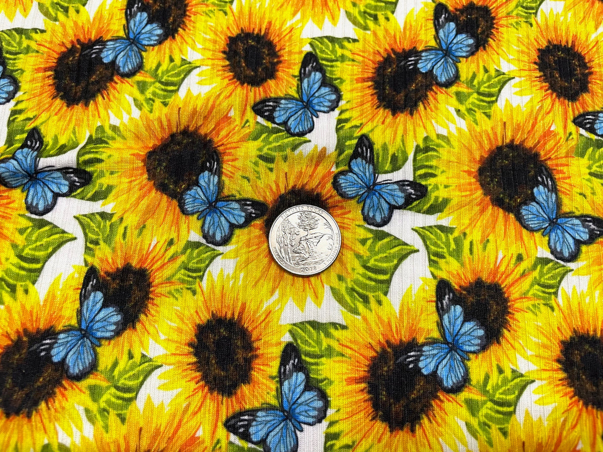 Sunflower Butterfly DBP 4x2 Rib Knit Print #93 Double Brushed Polyester Spandex Stretch 190GSM Apparel Fabric 58"-60" Wide By The Yard