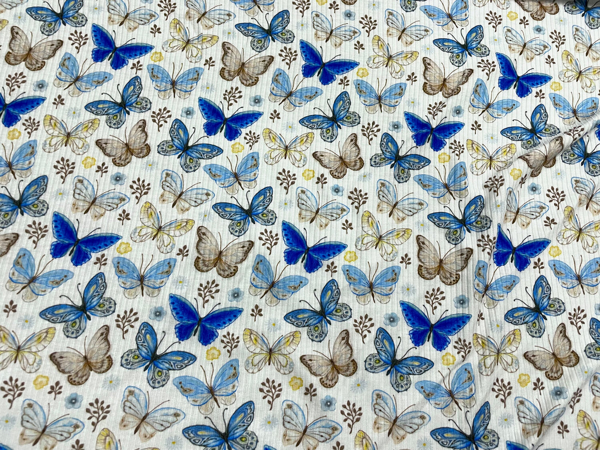 Butterfly Blues DBP 4x2 Rib Knit Print #101 Double Brushed Polyester Spandex Stretch 190GSM Apparel Fabric 58"-60" Wide By The Yard