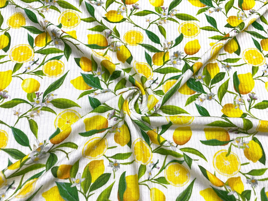 Lemons DBP 4x2 Rib Knit Print #104 Double Brushed Polyester Spandex Stretch 190GSM Apparel Fabric 58"-60" Wide By The Yard