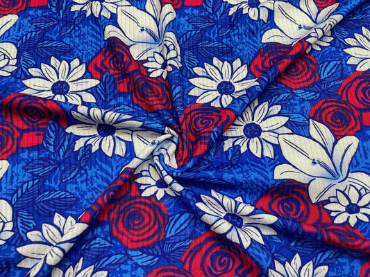 Floral Red White Blue DBP 4x2 Rib Knit Print #107 Double Brushed Polyester Spandex Stretch 190GSM Apparel Fabric 58"-60" Wide By The Yard