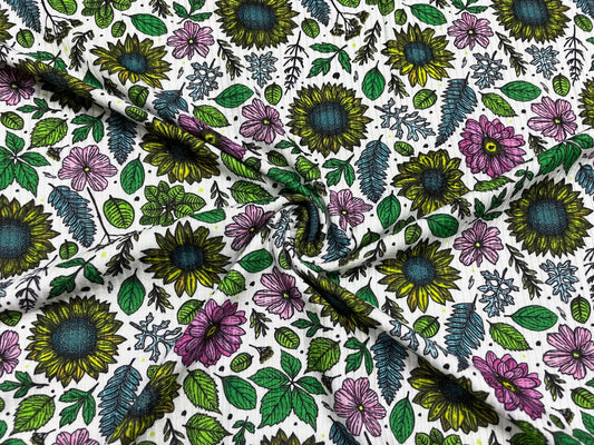 Sunflower Floral DBP 4x2 Rib Knit Print #112 Double Brushed Polyester Spandex Stretch 190GSM Apparel Fabric 58"-60" Wide By The Yard