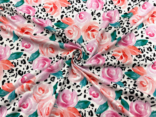 Leopard Floral Rose DBP Print #476 Double Brushed Polyester Spandex Apparel Stretch Fabric 190 GSM 58"-60" Wide By The Yard