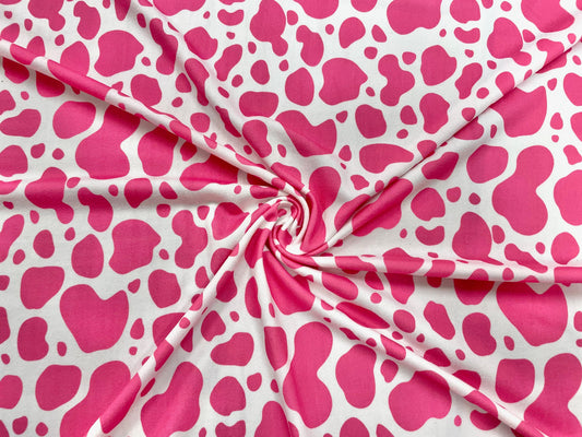 Cow Spot Pink White DBP Print #479 Double Brushed Polyester Spandex Apparel Stretch Fabric 190 GSM 58"-60" Wide By The Yard