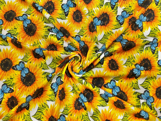 Sunflower Butterfly DBP Print #486 Double Brushed Polyester Spandex Apparel Stretch Fabric 190 GSM 58"-60" Wide By The Yard