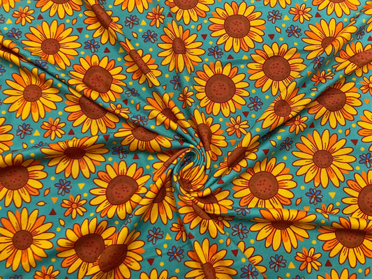 250 GSM DBP Hippie Sunflower Print #495 Double Brushed Polyester Spandex Apparel Stretch Fabric 58"-60" Wide By The Yard