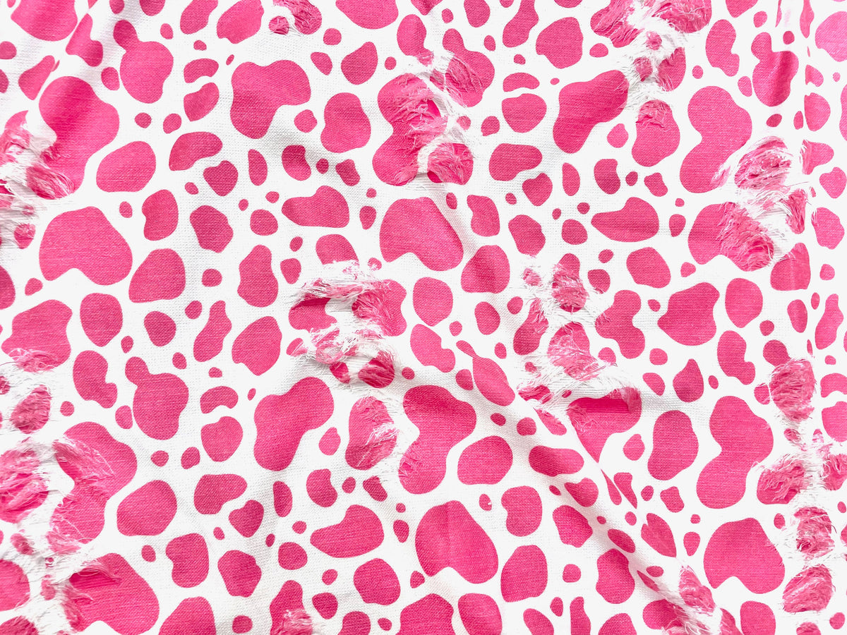 Cow Spot Pink White Distressed Denim Print #13 Polyester Rayon Spandex Stretch Apparel Fabric 58"-60" Wide By The Yard