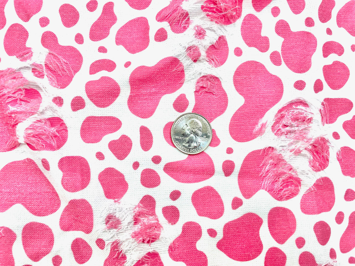 Cow Spot Pink White Distressed Denim Print #13 Polyester Rayon Spandex Stretch Apparel Fabric 58"-60" Wide By The Yard
